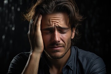 Close-up, of young man suffering, from headache, isolated, on white background, generative IA