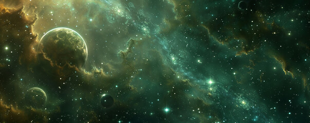 Obraz premium Mystical space background with deep green and gold nebulae, twinkling stars, and distant planets.