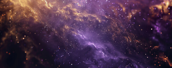 Obraz premium Mystical space background with deep purple and gold hues, twinkling stars, and dark space.
