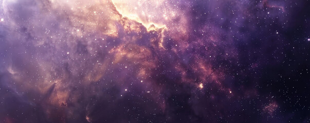 Fototapeta premium Mystical space background with deep purple and gold nebulae, twinkling stars, and dark space.