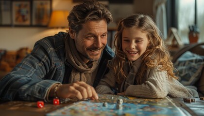 Family playing board games together on the living room floor, with board game pieces and dice