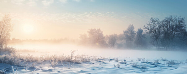 Fototapeta premium Peaceful winter background with a snowy meadow, gentle morning light, and misty fog.