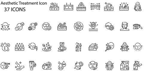 set of 37 outline web aesthetic treatment icons such as blackhead, cleaning, implant, hyaluronic acid, nail, acne, stone, scrub vector thin line icons for web design, mobile app.
