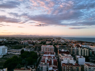 Spain Valencia drone sunset . Rooftop