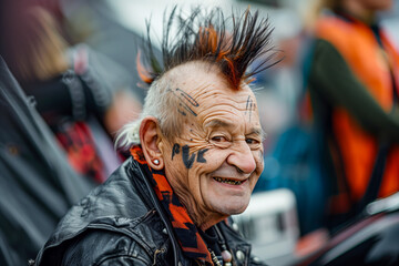 Old man with mohawk at rock festival
