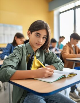 Una adolescente hispana de 15 a&ntilde;os en la escuela, concentrada en una clase.
