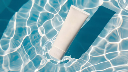 Product demo of a tube of sunscreen with a backdrop of pool water.