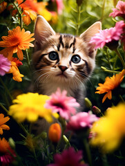 Close up of a cute curious kitten exploring a garden full of colorful flowers