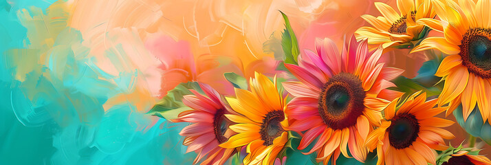 Whimsical floral impressionist background featuring vibrant sunflowers with a pastel pink, orange, and yellow floral banner. Ideal for wedding or Valentine wallpaper. Includes blue and green flower 