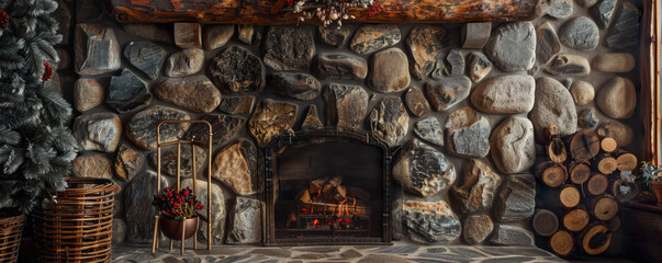 Rustic stone fireplace background with rough texture and natural grey and brown hues: Warm and inviting, perfect for a cozy and vintage look