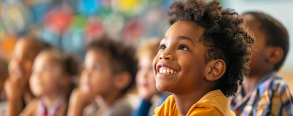 Happy elementary school student sitting and listening in class