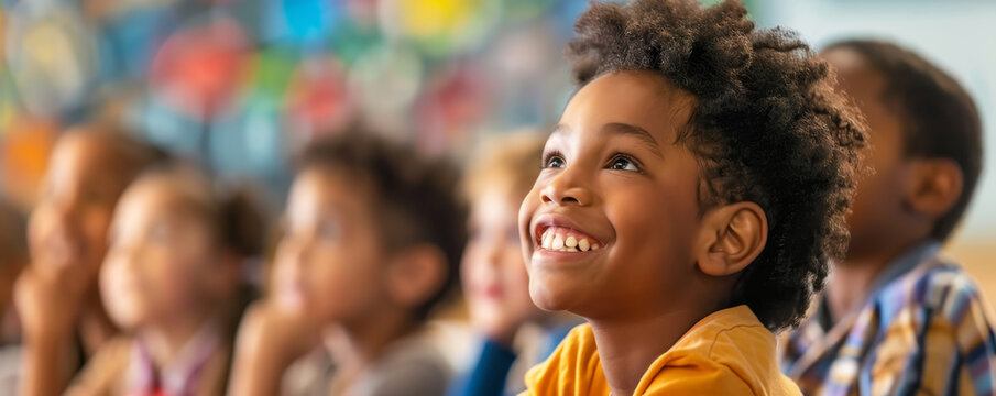 Happy elementary school student sitting and listening in class