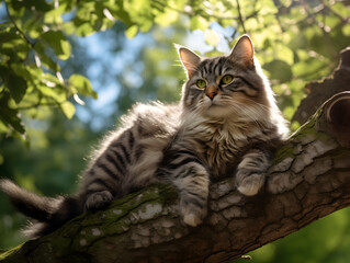 Close up of a cat perched on a tree branch in a backyard