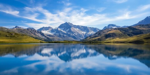 A pristine mountain lake reflects the majestic snow-capped peaks and clear blue sky on a tranquil day