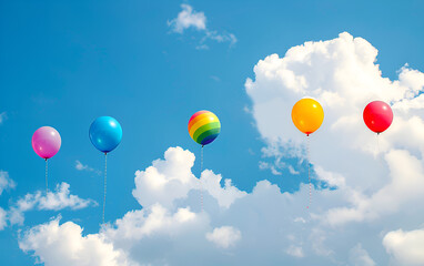A collection of brightly colored balloons floating against a clear blue sky. colored balloons against the sky. Colorful party balloons in front of a blue cloudy sky. Balloons fly away in the sky.