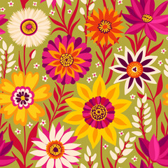 Floral Seamless Random Pattern of Vibrant Coloful Fantasy Flowers in Bohemian style in Yellow, Magenta, Olive Green, White. Purfect for Textiles, Surfaces, Wallpapers, Wrappings Paper, Fabrics.