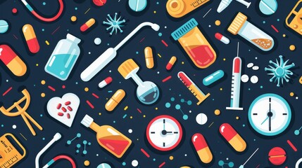Seamless background with flat illustration of medical icons like stethoscopes and pills.