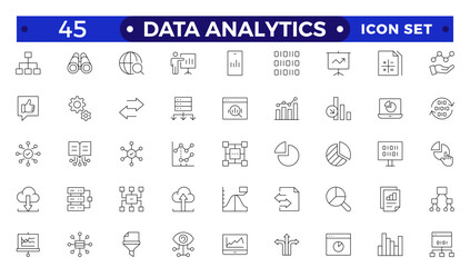 Data analytics icon set. Big data analysis technology symbol. They contain databases, statistics, analytics, servers, monitoring, computing, and network icons. Outline icons vector collection. 