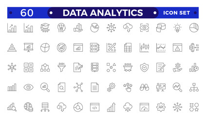 Data analytics icon set. Big data analysis technology symbol. They contain databases, statistics, analytics, servers, monitoring, computing, and network icons. Outline icons vector collection. 
