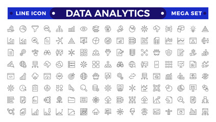 Data analytics icon set. Big data analysis technology symbol. They contain databases, statistics, analytics, servers, monitoring, computing, and network icons. Outline icons vector collection. 