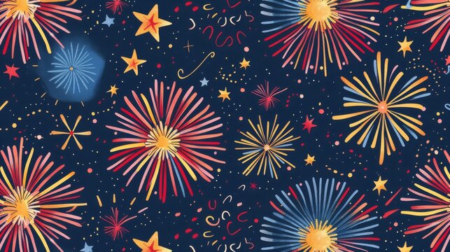 Flat design of celebratory elements like fireworks and stars in a seamless pattern for festive occasions.