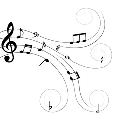 Music notes on lines with swirls, isolated vector illustration.