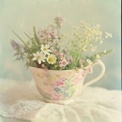 the ceramic cup of flowers , vintage style