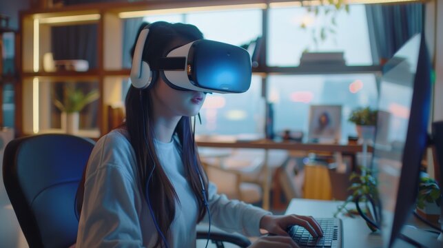 Developer of the STEM platform, future skills Manpower for Asians Young woman working at home office Wearing a VR headset, typing test game on AI IT cyber security