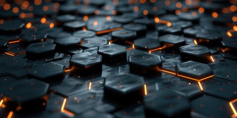 Fototapeta premium Abstract futuristic hexagon pattern with glowing orange lights, perfect for technology and digital design themes.