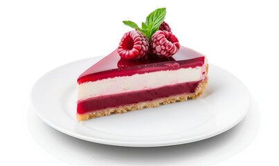 Piece of cheesecake with fresh berries on white background. Red Velvet Valley cake isolated on white background. a slice of cheesecake with berries on top.