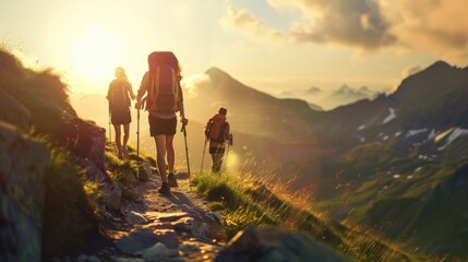 Three hikers trekking along a mountain path at sunrise, capturing the essence of adventure and natural beauty.