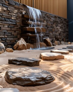 a small waterfall is coming out of a rock wall