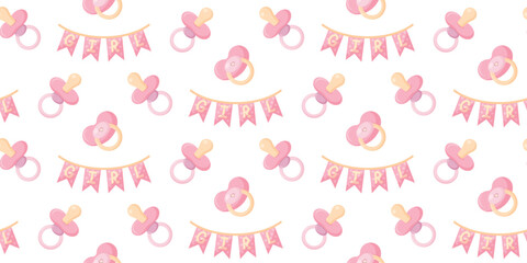 Seamless pattern with baby pacifier. Delicate background for packaging, diapers, bed linen, wallpaper, cards. Horizontal vector illustration.