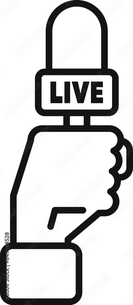 Poster line icon of a hand holding a microphone with a live sign, representing a live news broadcast