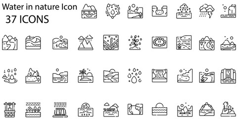 Set of 37 outline icons related to water in nature. Linear icon collection. Vector illustration
