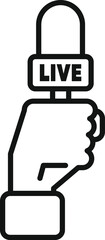 Line icon of a hand holding a microphone with a live sign, representing a live news broadcast