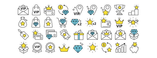 Exclusive benefits line icon set. Star, money, order, piggy bank, cup, letter, credit card, coupon, wallet, doubling, rating, bag, location, box, gift bag vector