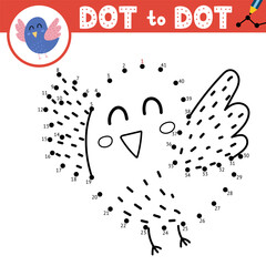 Dot to dot game for kids. Connect the dots and draw a cute flying bird. Funny animal puzzle activity page. Vector illustration