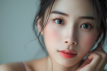 Fototapeta premium Beige Background Beauty. Portrait of a Young Asian Woman