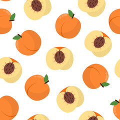 Doodle peach seamless pattern. Fresh fruit background in cartoon style. Great for fabric, wrapping and food packaging. Vector illustration