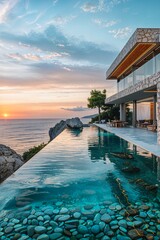 a house with a swimming pool in front of the ocean