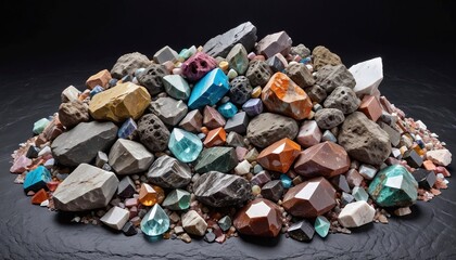 Pile of different rare mineral clays ground to powder, as well as bound and enclosed in various rocks for the technical industry