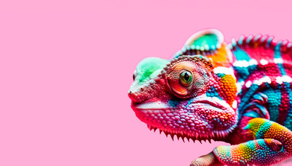 Close-up portrait of a chameleon looking at the camera on a pink background