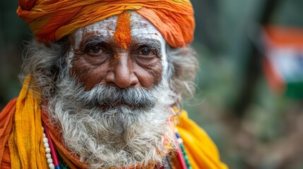 Close-up of an Indian man in traditional attire with intense gaze