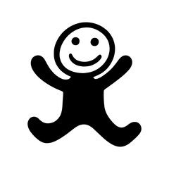 Black and white vector icon of a happy cartoon figure with open arms