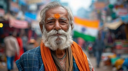 An elderly bearded man dressed in Indian attire, with a vibrant background