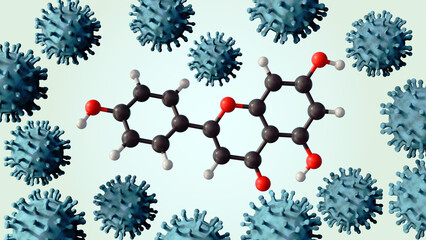 3d rendering of Apigenin molecule and chikungunya virus. Apigenin was evaluated for cytotoxicity and antiviral properties for the Chikungunya virus