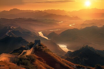 Naklejka premium The Great Wall of China at sunrise on a sunny day with a beautiful view for landscape photography. 