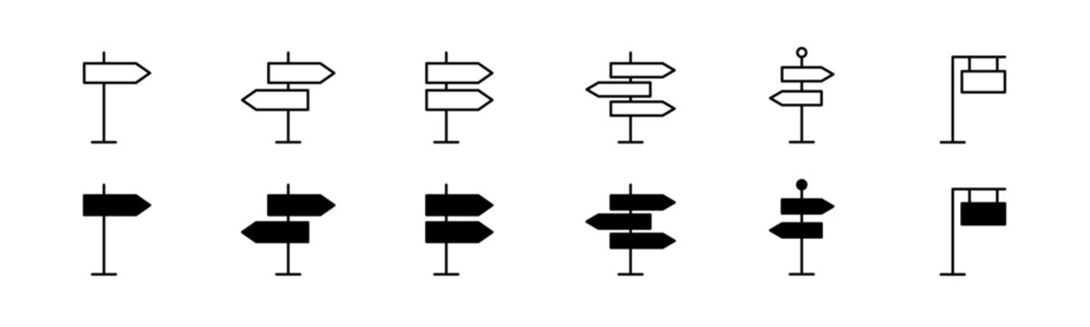 Naklejki Signpost icon set. Road signpost. Line and glyph direction signpost