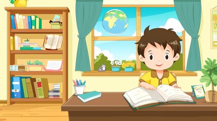 a boy reading a book on his desk